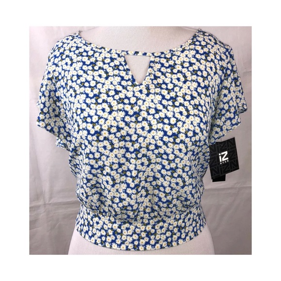 IZ Byer Floral Blouse Top Blue with White Daisys - Picture 3 of 10